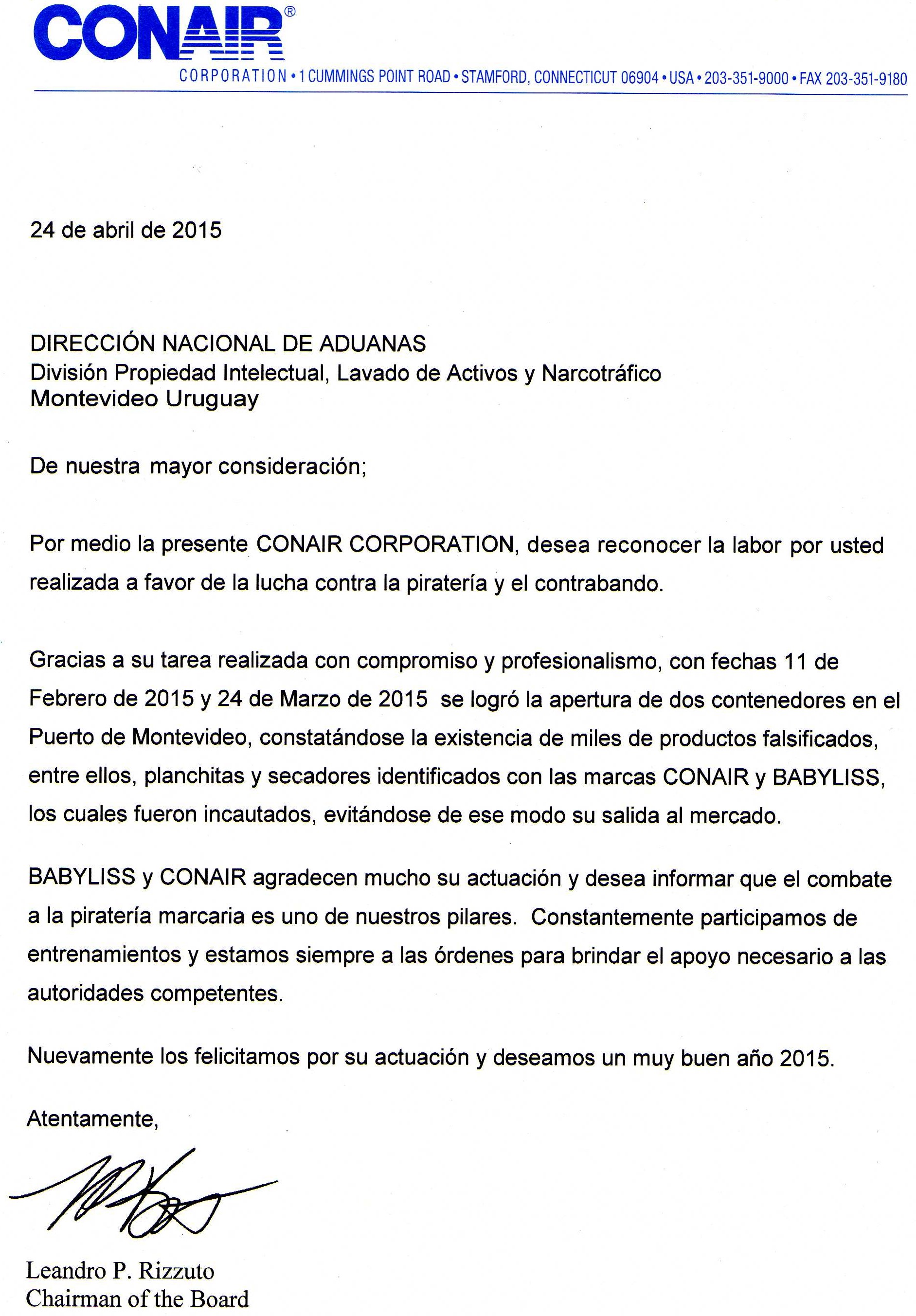 ADUANAS - Conair Corporation agradeció accionar de la 